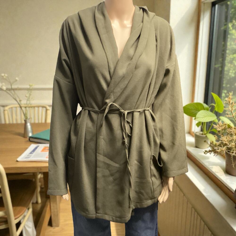NÜAGE Olive Green Hooded Wrap Jacket Drape Front Tie-Waist Cardigan size L